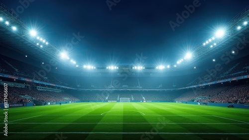 soccer stadium at night viewed from field pov illuminated arena with bright floodlights empty green pitch high resolution sports scene dramatic atmosphere concept of football event sports