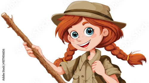 Cute Cartoon Girl Scout Holding Stick Vector with Outline Isolated