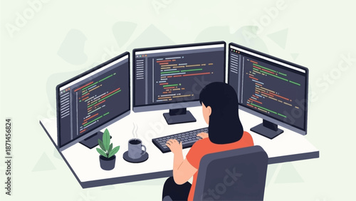 Female Software Developer Working on Multiple Computer Screens