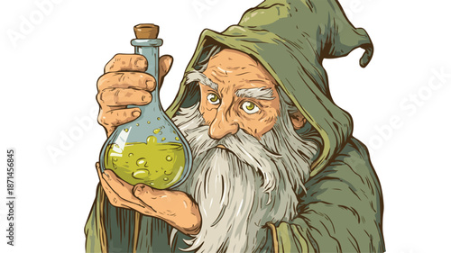 Enchanting Cartoon Old Wizard Mixing Magical Potion in Volumetric Flask Vector Illustration