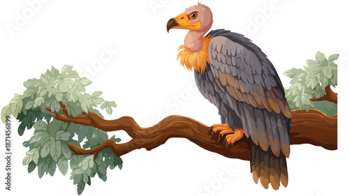 Playful Cartoon Vulture on Tree Waving Vector Illustration with Outline Isolated