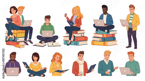 Vector multinational student collection with diverse young people sitting on books learning online. Freelance set with smiling men and women isolated on white. Diverse student education illustrations 