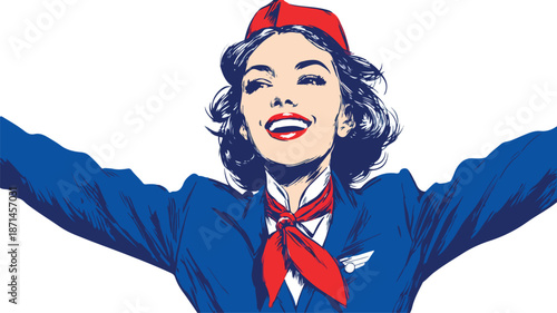 Elegant Smiling Air Hostess in Uniform with Thin Outline for Designs