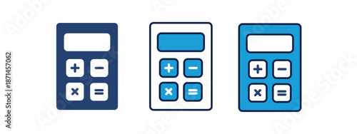 A professional set of mobile phone icons featuring a black electronic calculator button with a digital display for business accounting and financial math