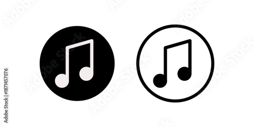 Glossy round web button design featuring a paper clip icon isolated on white alongside a musical note symbol for an audio player app illustration