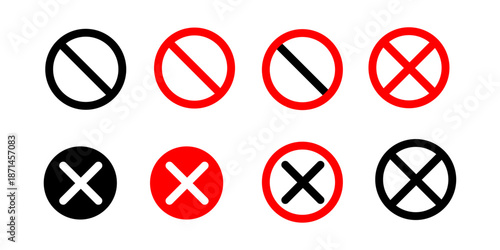 Vector illustration set of red prohibited warning signs including no smoking with cigarette icon, no entry road symbol, and stop cross button isolated on white