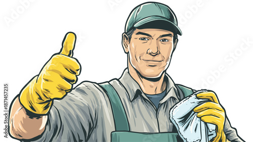 Professional Cleaning Service Vector Illustration with Thumb Up Symbol