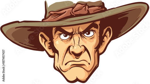 Cartoon Cowboy Head Vector with Outline on White Background