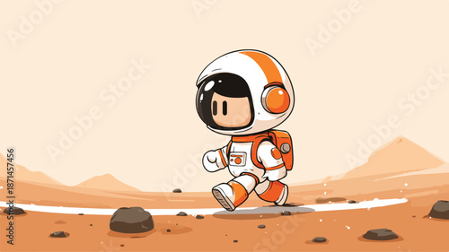 Cute Cartoon Astronaut Walking on Mars Planet Vector Illustration