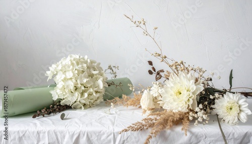 Two delicate bouquets of white blooms rest on a textured white surface, against a plain wall