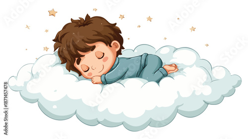 Adorable Cartoon Baby Boy Sleeping on Fluffy Cloud with Outline Illustration