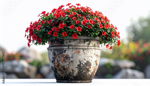 An old, weathered metal pot overflowing with vibrant red flowering plants