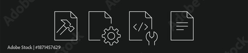 Vector Line Icon Set for File Development and Technical Support Featuring Hammer Construction, Gear Settings, Code Programming with Wrench Tool, and Text Document Symbols
