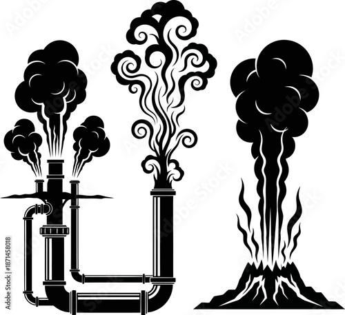 black and white illustration of industrial smoke stacks