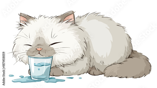 Adorable Cartoon Cat Drinking Water with Outline Illustration for Designs