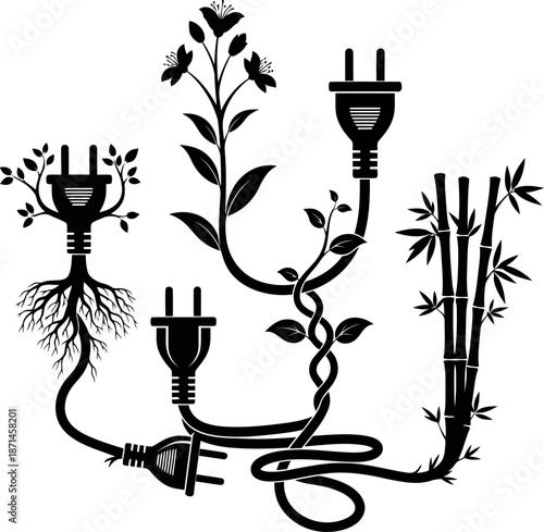 black plugs with plants growing out of them on white background