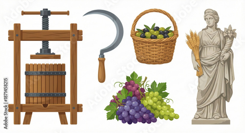Abundant Harvest Symbols A Comprehensive Collection of Agricultural Tools, Grapes, and Ancient Goddess Iconography