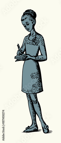 Vector drawing. Young girl write a task