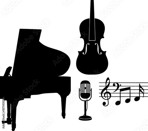 black silhouettes of musical instruments and notes