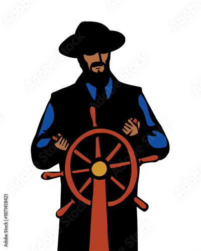 Vector drawing. The captain at the helm