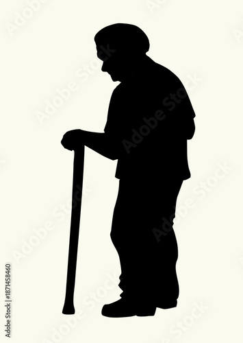 Vector drawing. Old man with wooden stick