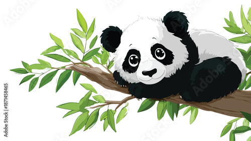 Adorable Baby Panda Hanging on Tree Vector Illustration with Outline