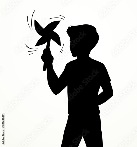 Vector drawing. A boy with a wind toy