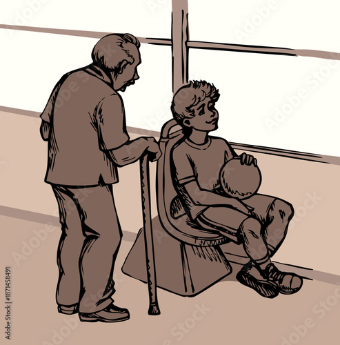 Vector drawing. Boy sitting in the bus