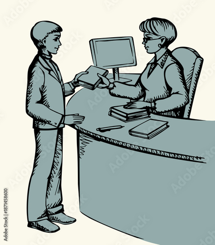 Vector drawing. Young boy and woman receptionist