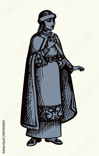 Vector drawing. Pretty ancient girl of Kievan Rus