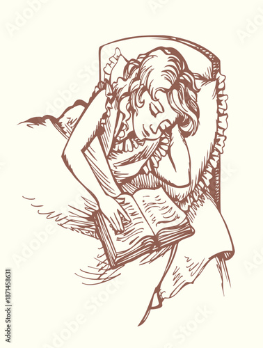 Vector drawing. Girl asleep in a bed