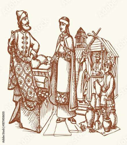 Vector drawing. Man sells a fabric om ancient market