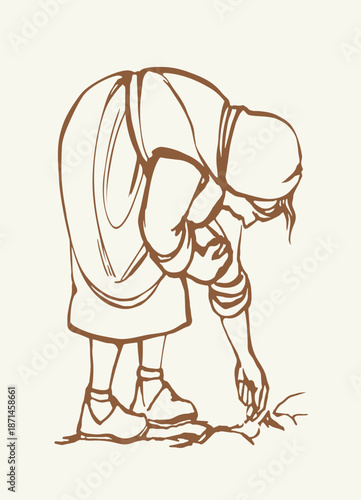 Vector drawing. Old woman in the field