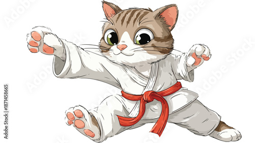 Playful Karate Cat Cartoon on White Background Vector Illustration