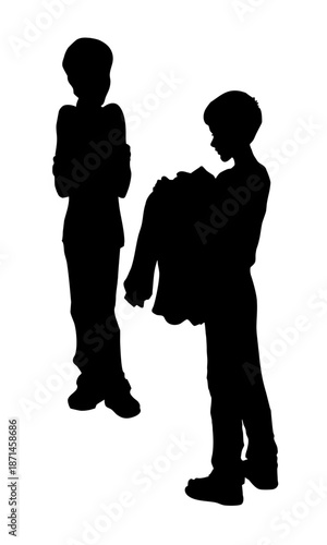 Vector drawing. The boy is picking up his shirt