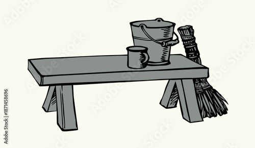 Vector drawing. Old bucket on the bench