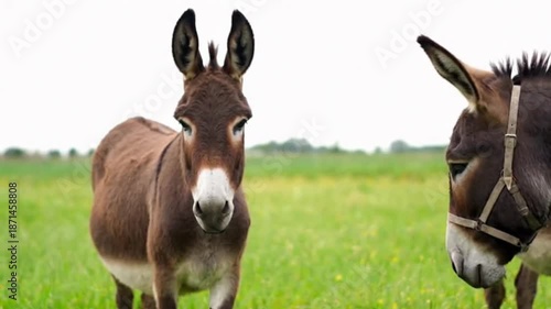 Two donkeys standing in a green field daytime