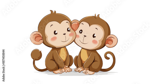 Adorable Monkey Couple Cartoon Vector Illustration with Outline on White Background