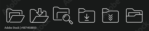 Outline Vector Folder Icon Set, Minimalist File Management, Document Storage, Data Download, and Search Interface Symbols for UI-UX Design