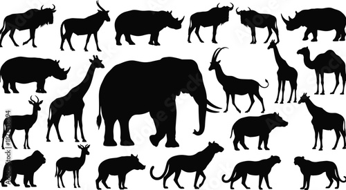 African safari animal silhouette set, elephant lion giraffe rhino antelope wildlife collection isolated on white background vector pack