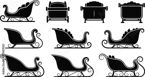 Santa sleigh silhouette set, Christmas winter transport icons, decorative holiday sled illustrations isolated on white background collection