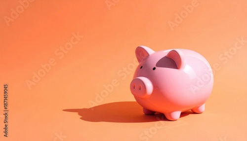 A classic pink piggy bank sits on an orange background, casting a long shadow