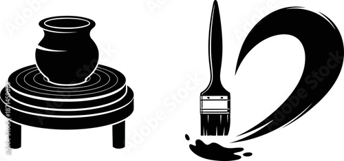 Pottery on pottery wheel and painters brush with paint in artistic black silhouette
