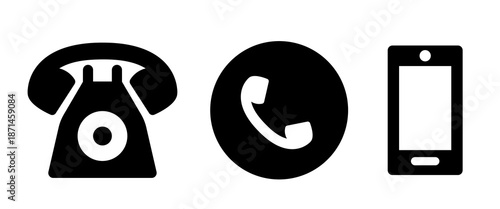 Telephone icons set. Retro telephone, handset, mobile phone. Vector flat black icons set.
