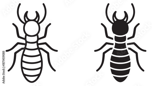Line art and glyph style termite illustrations set featuring outline and solid black variations for pest control and entomology design