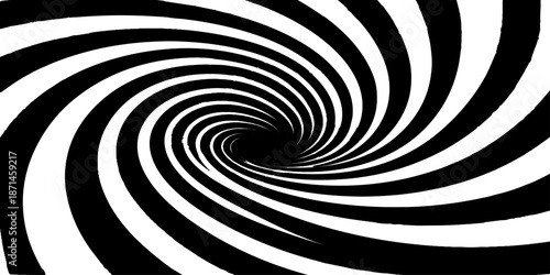 A black and white spiral swirl creates a hypnotic abstract background featuring a circular vector pattern and a striped illusion design for a decorative art texture