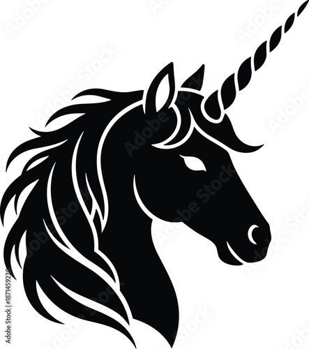 Unicorn head silhouette fantasy magic symbol, mythical horse black and white vector illustration isolated decorative design