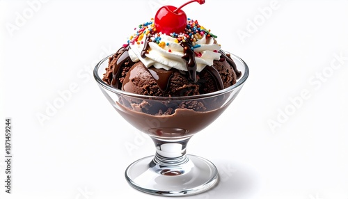 Rich chocolate ice cream sundae in a glass, topped with whipped cream, sprinkles, and cherry