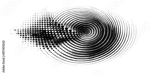 Abstract black and white background featuring a digital fingerprint pattern with circular dots and swirl textures for a modern technology and security identity design