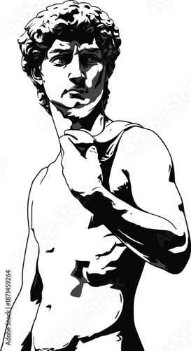 Renaissance sculpture silhouette male figure inspired by classical art, marble statue style black and white vector illustration design